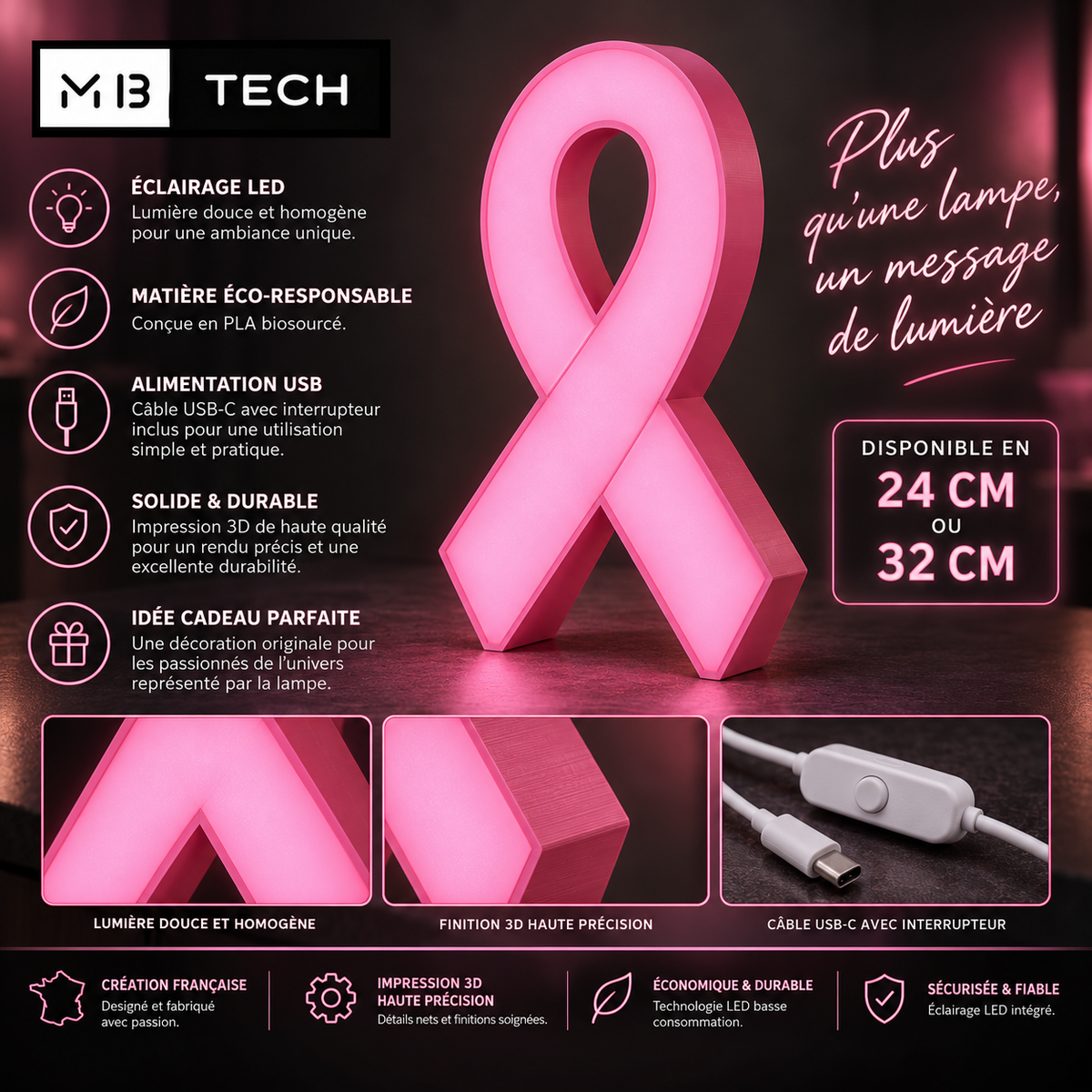 Lampe LED 3D – Octobre Rose Ruban