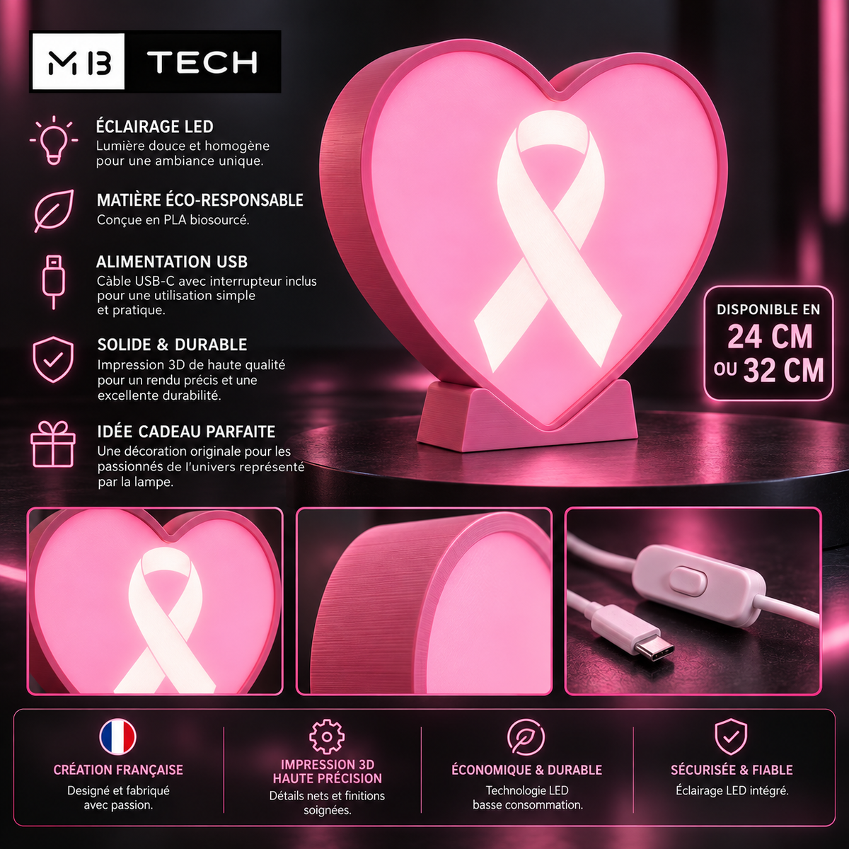 Lampe LED 3D – Octobre Rose Coeur