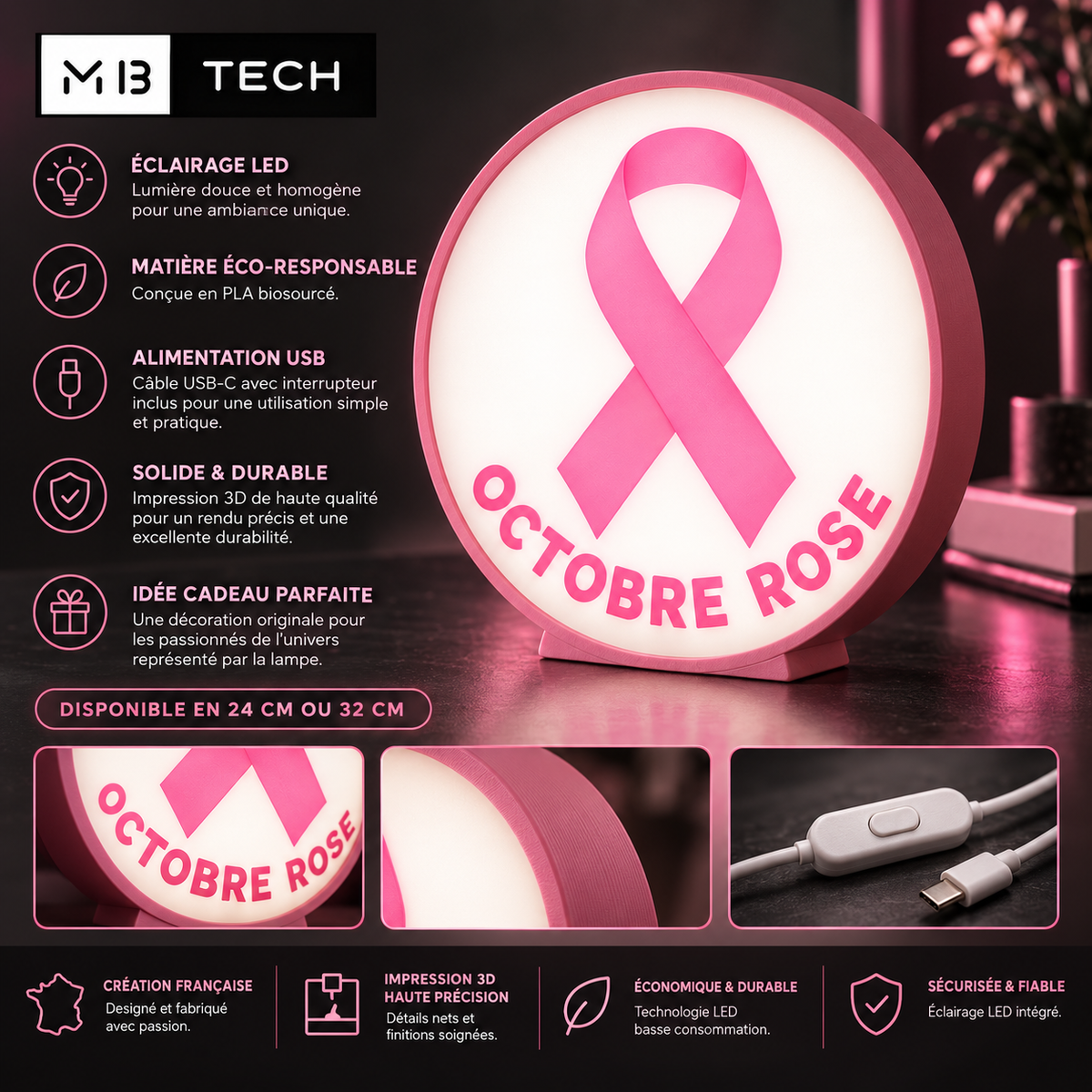 Lampe LED 3D – Octobre Rose Rond