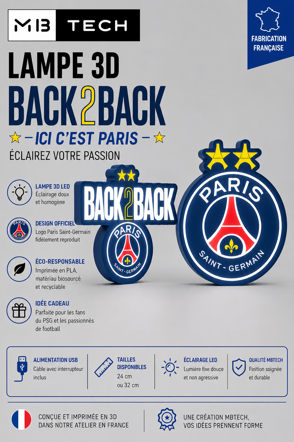 Lampe LED PSG – Édition Back2Back & Logo Paris